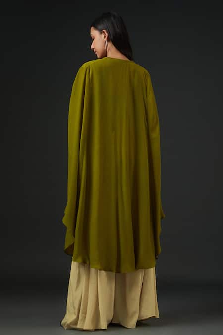 Shop_Vedika Soni_Green Crepe, Net Mirrors, Embroidery V-neck Solid Cape Flared Pant Set _at_Aza_Fashions