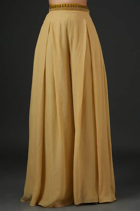 Vedika Soni_Green Crepe, Net Mirrors, Embroidery V-neck Solid Cape Flared Pant Set _Online_at_Aza_Fashions