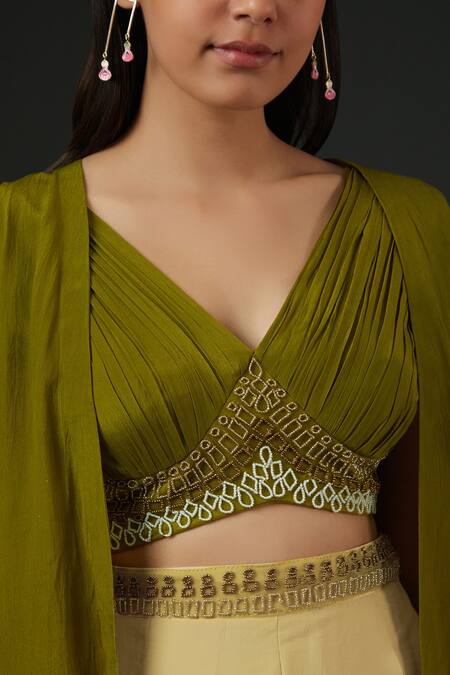 Buy_Vedika Soni_Green Crepe, Net Mirrors, Embroidery V-neck Solid Cape Flared Pant Set _Online_at_Aza_Fashions
