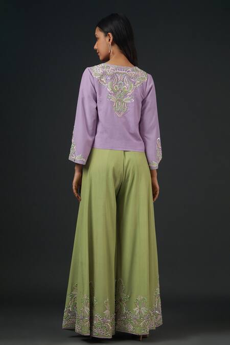 Shop Vedika Soni Green Crepe Embroidery Thread Cape Open Floral Sharara Set With at Aza Fashions Shop_Vedika Soni_Green Crepe Embroidery Thread Cape Open Floral Sharara Set With _at_Aza_Fashions