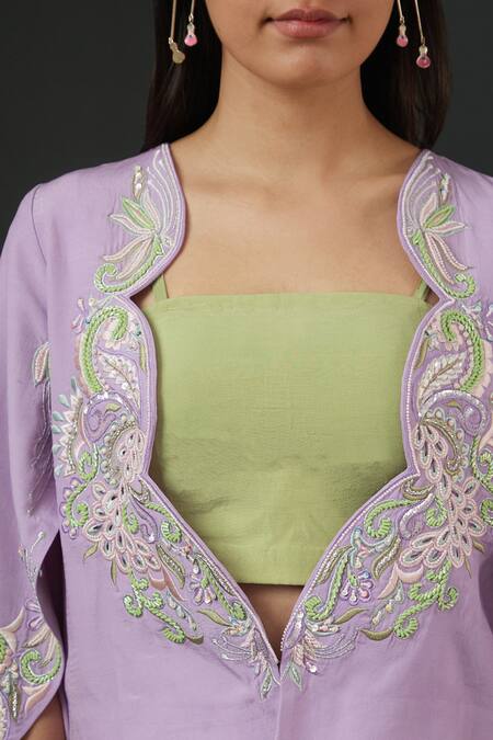 Buy Vedika Soni Green Crepe Embroidery Thread Cape Open Floral Sharara Set With Online at Aza Fashions Buy_Vedika Soni_Green Crepe Embroidery Thread Cape Open Floral Sharara Set With _Online_at_Aza_Fashions