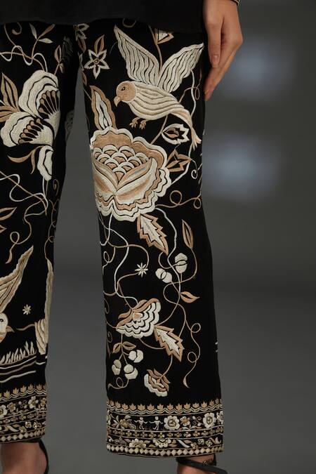 Shop_Vedika Soni_Black Crepe Embroidery Keyhole Neck Solid Top And Pant Set _Online_at_Aza_Fashions
