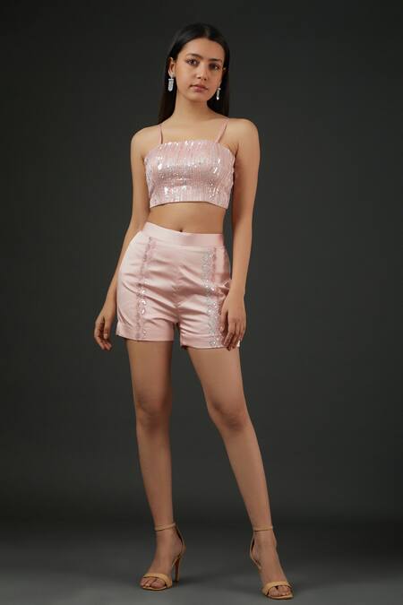 Vedika Soni Pink Satin Embroidery Cutdana Coat Open Placement Shorts Set Online at Aza Fashions Vedika Soni_Pink Satin Embroidery Cutdana Coat Open Placement Shorts Set _Online_at_Aza_Fashions