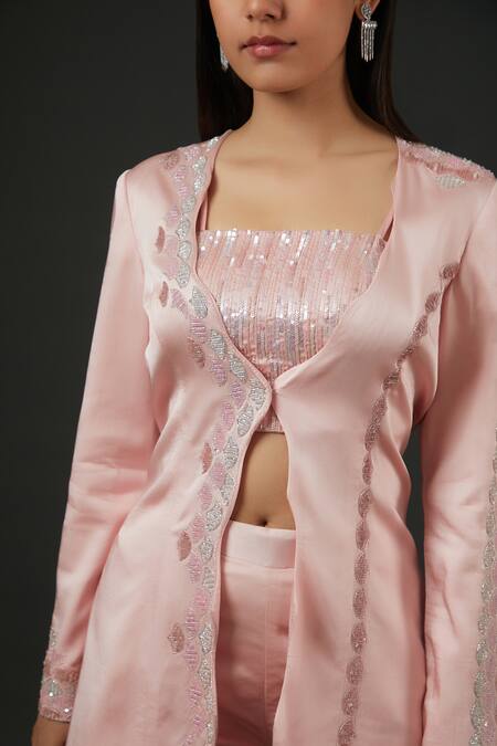 Buy Vedika Soni Pink Satin Embroidery Cutdana Coat Open Placement Shorts Set Online at Aza Fashions Buy_Vedika Soni_Pink Satin Embroidery Cutdana Coat Open Placement Shorts Set _Online_at_Aza_Fashions