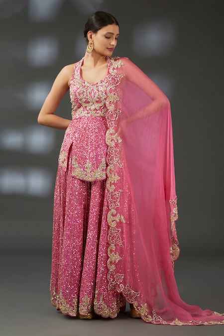 Vedika Soni Pink Crepe Embroidery Sequin Halter Neck Kurta Sharara Set