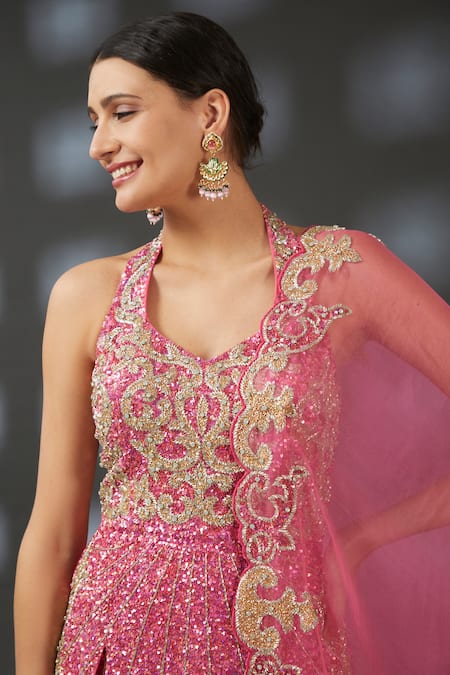 Buy Vedika Soni Pink Crepe Embroidery Sequin Halter Neck Kurta Sharara Set Online at Aza Fashions Buy_Vedika Soni_Pink Crepe Embroidery Sequin Halter Neck Kurta Sharara Set _Online_at_Aza_Fashions
