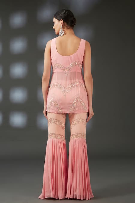 Shop Vedika Soni Peach Crepe Embroidery Sequin Notched Bodice Kurta Sharara Set at Aza Fashions Shop_Vedika Soni_Peach Crepe Embroidery Sequin Notched Bodice Kurta Sharara Set _at_Aza_Fashions