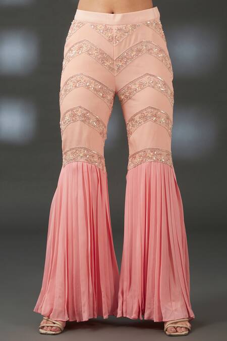 Vedika Soni Peach Crepe Embroidery Sequin Notched Bodice Kurta Sharara Set Online at Aza Fashions Vedika Soni_Peach Crepe Embroidery Sequin Notched Bodice Kurta Sharara Set _Online_at_Aza_Fashions