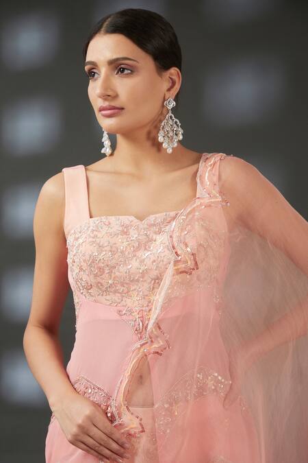 Buy Vedika Soni Peach Crepe Embroidery Sequin Notched Bodice Kurta Sharara Set Online at Aza Fashions Buy_Vedika Soni_Peach Crepe Embroidery Sequin Notched Bodice Kurta Sharara Set _Online_at_Aza_Fashions
