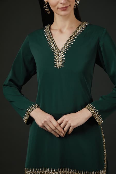Buy Vedika Soni Green Satin Sequins, Cut Work V-neck Neckline Embroidered Kurta And Palazzo Set Online at Aza Fashions Buy_Vedika Soni_Green Satin Sequins, Cut Work V-neck Neckline Embroidered Kurta And Palazzo Set _Online_at_Aza_Fashions