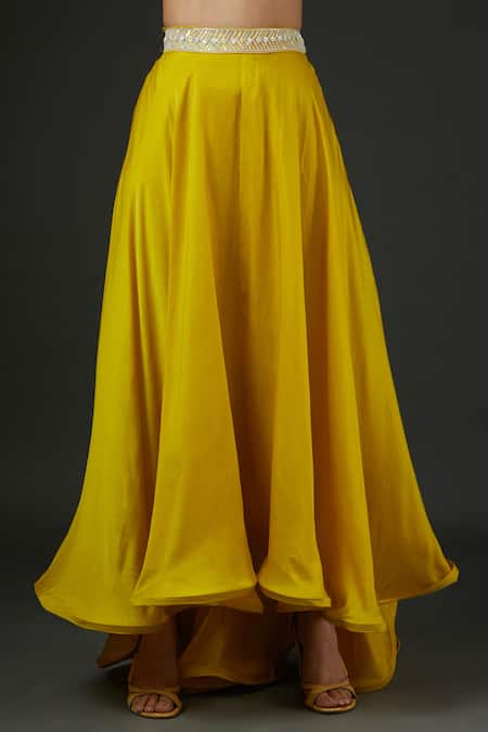 Vedika Soni_Yellow Satin Embroidery Sequin Jacket Band Collar Neckline Lehenga Set _Online_at_Aza_Fashions