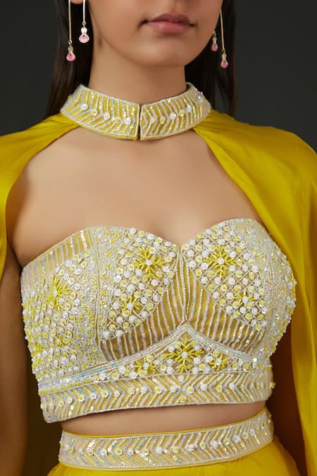 Buy_Vedika Soni_Yellow Satin Embroidery Sequin Jacket Band Collar Neckline Lehenga Set _Online_at_Aza_Fashions