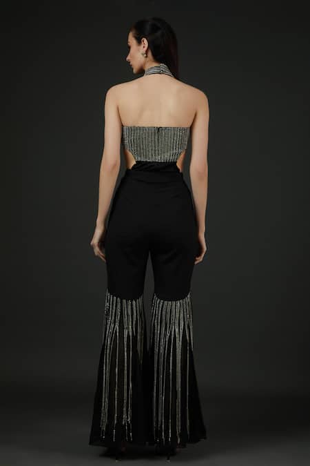 Shop Vedika Soni Black Net Embroidery Metallic Chain Stripe Bodysuit And Bell Bottom Pant Set at Aza Fashions Shop_Vedika Soni_Black Net Embroidery Metallic Chain Stripe Bodysuit And Bell Bottom Pant Set _at_Aza_Fashions
