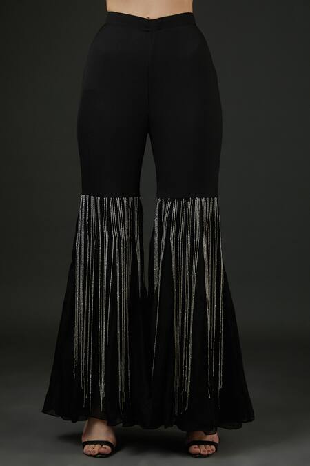 Vedika Soni Black Net Embroidery Metallic Chain Stripe Bodysuit And Bell Bottom Pant Set Online at Aza Fashions Vedika Soni_Black Net Embroidery Metallic Chain Stripe Bodysuit And Bell Bottom Pant Set _Online_at_Aza_Fashions