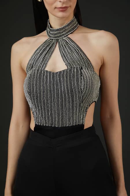 Buy Vedika Soni Black Net Embroidery Metallic Chain Stripe Bodysuit And Bell Bottom Pant Set Online at Aza Fashions Buy_Vedika Soni_Black Net Embroidery Metallic Chain Stripe Bodysuit And Bell Bottom Pant Set _Online_at_Aza_Fashions
