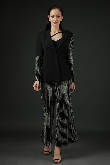 Vedika Soni Black Net Embroidery Cutdana Coat Notched Lapel Sleeve Bell Bottom Pant Set