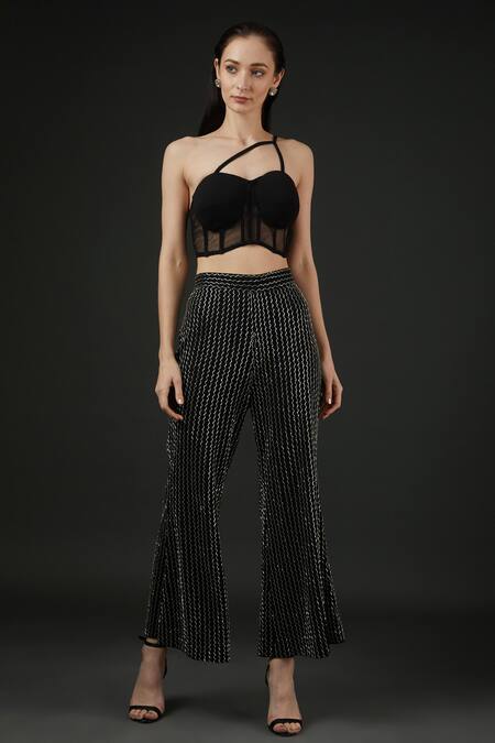 Vedika Soni_Black Net Embroidery Cutdana Coat Notched Lapel Sleeve Bell Bottom Pant Set _Online_at_Aza_Fashions