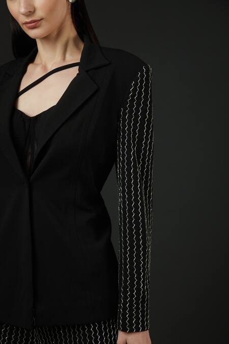 Buy_Vedika Soni_Black Net Embroidery Cutdana Coat Notched Lapel Sleeve Bell Bottom Pant Set _Online_at_Aza_Fashions