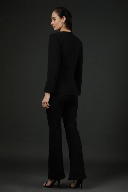 Shop Vedika Soni Black Spandex Embroidery Sequin Plunge V Placement Coat And Bell Bottom Pant Set at Aza Fashions Shop_Vedika Soni_Black Spandex Embroidery Sequin Plunge V Placement Coat And Bell Bottom Pant Set _at_Aza_Fashions