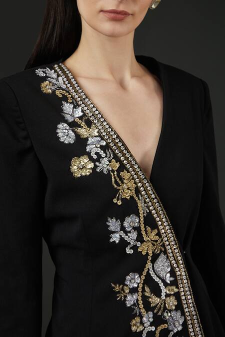 Buy Vedika Soni Black Spandex Embroidery Sequin Plunge V Placement Coat And Bell Bottom Pant Set Online at Aza Fashions Buy_Vedika Soni_Black Spandex Embroidery Sequin Plunge V Placement Coat And Bell Bottom Pant Set _Online_at_Aza_Fashions