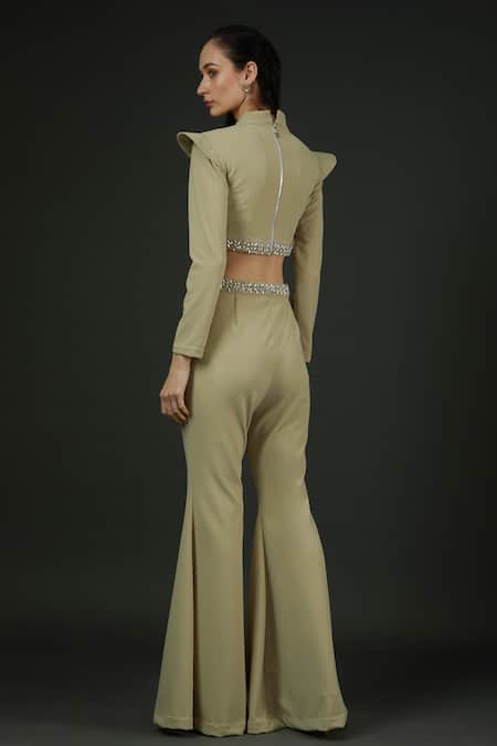 Shop Vedika Soni Green Spandex Embroidery Stone Round High Neck Crop Top And Bell Bottom Pant Set at Aza Fashions Shop_Vedika Soni_Green Spandex Embroidery Stone Round High Neck Crop Top And Bell Bottom Pant Set _at_Aza_Fashions