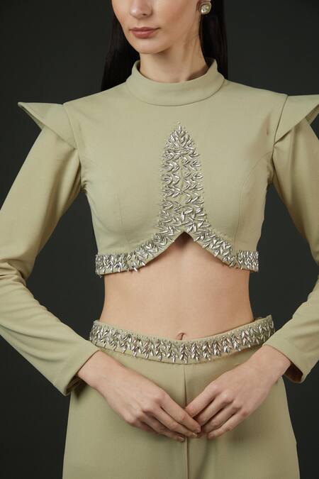 Buy Vedika Soni Green Spandex Embroidery Stone Round High Neck Crop Top And Bell Bottom Pant Set Online at Aza Fashions Buy_Vedika Soni_Green Spandex Embroidery Stone Round High Neck Crop Top And Bell Bottom Pant Set _Online_at_Aza_Fashions