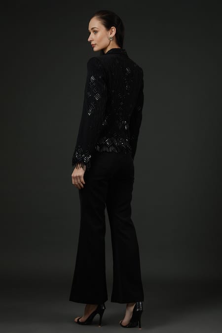 Shop Vedika Soni Black Banana Crepe Embroidery Cutdana Coat Notched Lapel Bell Bottom Pant Set at Aza Fashions Shop_Vedika Soni_Black Banana Crepe Embroidery Cutdana Coat Notched Lapel Bell Bottom Pant Set _at_Aza_Fashions
