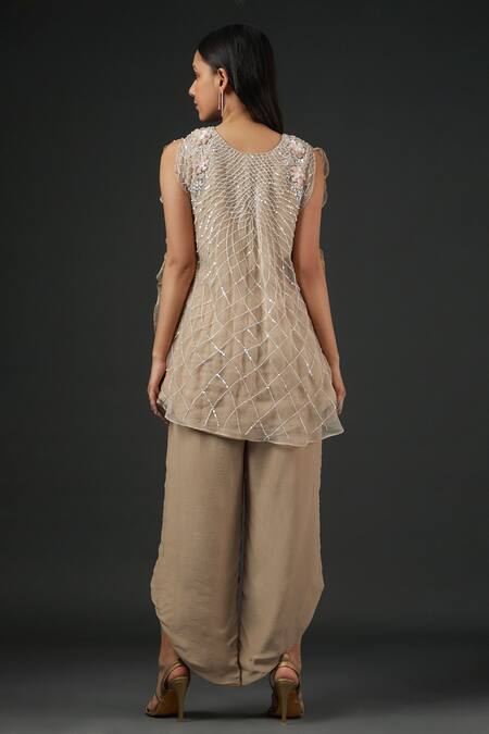 Shop Vedika Soni Beige Crepe Embroidery Sequin V Neck Checkered Top And Pant Set at Aza Fashions Shop_Vedika Soni_Beige Crepe Embroidery Sequin V Neck Checkered Top And Pant Set _at_Aza_Fashions