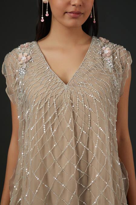 Buy Vedika Soni Beige Crepe Embroidery Sequin V Neck Checkered Top And Pant Set Online at Aza Fashions Buy_Vedika Soni_Beige Crepe Embroidery Sequin V Neck Checkered Top And Pant Set _Online_at_Aza_Fashions