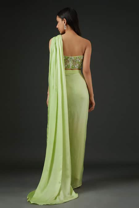 Shop Vedika Soni Green Satin Embroidery Sequin Applique Blouse And Dhoti Skirt Set at Aza Fashions Shop_Vedika Soni_Green Satin Embroidery Sequin Applique Blouse And Dhoti Skirt Set _at_Aza_Fashions