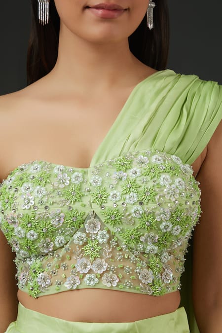 Buy Vedika Soni Green Satin Embroidery Sequin Applique Blouse And Dhoti Skirt Set Online at Aza Fashions Buy_Vedika Soni_Green Satin Embroidery Sequin Applique Blouse And Dhoti Skirt Set _Online_at_Aza_Fashions