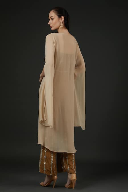 Shop Vedika Soni Beige Georgette Embroidery Sequin Kaftan Leaf Neck Solid Pant Set at Aza Fashions Shop_Vedika Soni_Beige Georgette Embroidery Sequin Kaftan Leaf Neck Solid Pant Set _at_Aza_Fashions