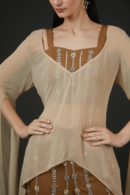 Buy Vedika Soni Beige Georgette Embroidery Sequin Kaftan Leaf Neck Solid Pant Set Online at Aza Fashions Buy_Vedika Soni_Beige Georgette Embroidery Sequin Kaftan Leaf Neck Solid Pant Set _Online_at_Aza_Fashions