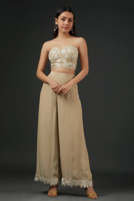 Vedika Soni_Beige Crepe Embroidery Thread Shrug Open Floral Cutwork Border Pant Set _Online_at_Aza_Fashions
