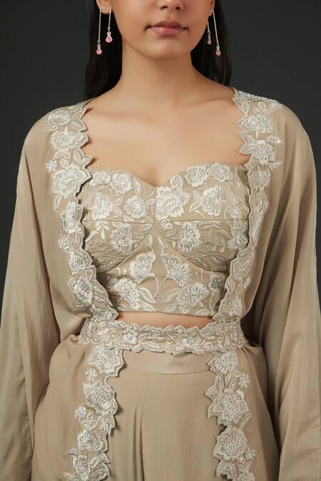 Buy_Vedika Soni_Beige Crepe Embroidery Thread Shrug Open Floral Cutwork Border Pant Set _Online_at_Aza_Fashions