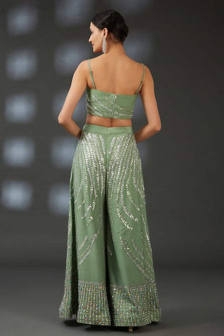 Shop_Vedika Soni_Green Crepe Embroidery Sequin Applique Sweetheart Neck Top Sharara Set _at_Aza_Fashions