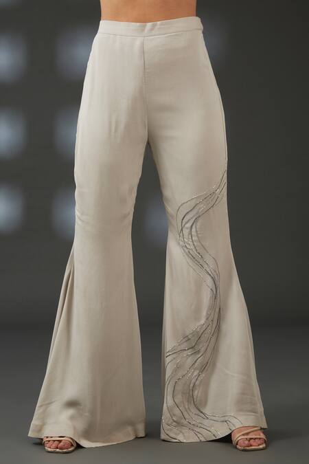 Vedika Soni_Grey Georgette Embroidery Cutdana Asymmetric One Shoulder Top And Flared Pant Set _Online_at_Aza_Fashions