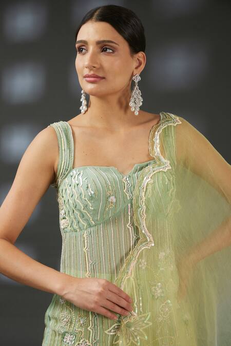Buy_Vedika Soni_Green Georgette Embroidery Sequin Notched Stripe Kurta Sharara Set _Online_at_Aza_Fashions