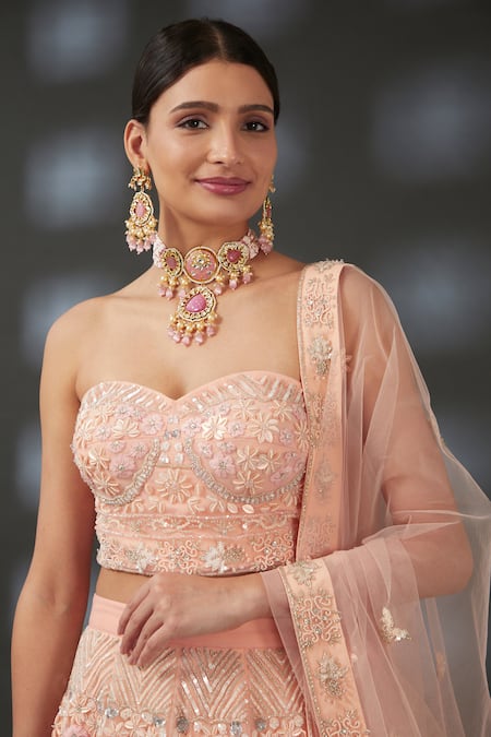 Buy_Vedika Soni_Peach Net, Crepe Sequins, Beads, Embroidery Floral Hand Bridal Lehenga Set _Online_at_Aza_Fashions