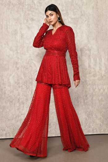 Ritika Mirchandani_Red Net, Crepe, Georgette Cut Work, Beads, Cutdana Kurta And Sharara Set _Online_at_Aza_Fashions