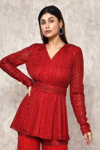Ritika Mirchandani Red Net, Crepe, Georgette Cut Work, Beads, Cutdana Kurta And Sharara Set at Aza Fashions Ritika Mirchandani_Red Net, Crepe, Georgette Cut Work, Beads, Cutdana Kurta And Sharara Set _at_Aza_Fashions