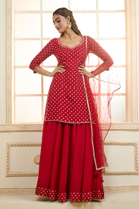 Aariyana Couture Red Kurta And Gharara Chiffon Embroidered Zari Leaf Short Set 