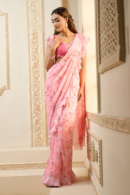 Aariyana Couture Pink Chiffon Embroidery V-neck Pre-draped Rose Petal Print Saree With Blouse at Aza Fashions Aariyana Couture_Pink Chiffon Embroidery V-neck Pre-draped Rose Petal Print Saree With Blouse_at_Aza_Fashions