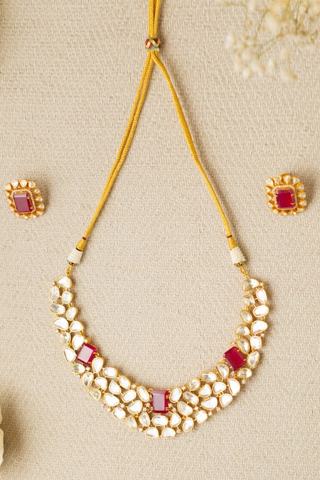 Zevar By Geeta Gold Plated Rhinestones, Stones Hand Embellished Necklace Set 