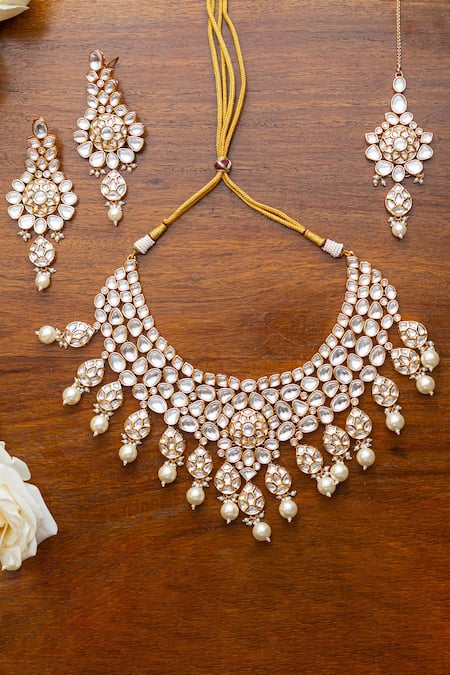 Zevar By Geeta Kundan Stone Hand Embellished Necklace Set 