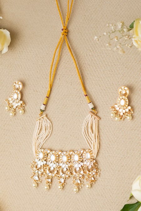 Zevar By Geeta Gold Plated Pearls, Diamonds Polki Embellished Choker Set