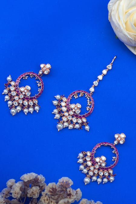 ZEVAR BY GEETA Ruby Embellished Earrings With Maangtikka 