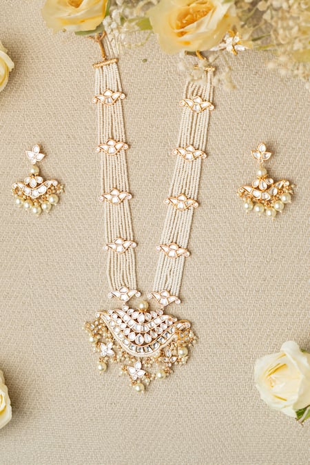 Zevar By Geeta Kundan Embellished Long Pendant Necklace Set 