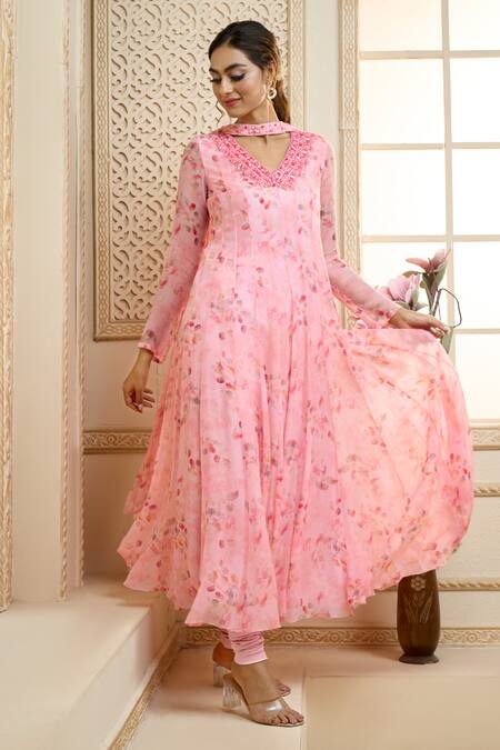 Shop_Aariyana Couture_Pink Chiffon, Satin Embroidery V-neck Rose Petal Floral Print Anarkali Set_Online_at_Aza_Fashions