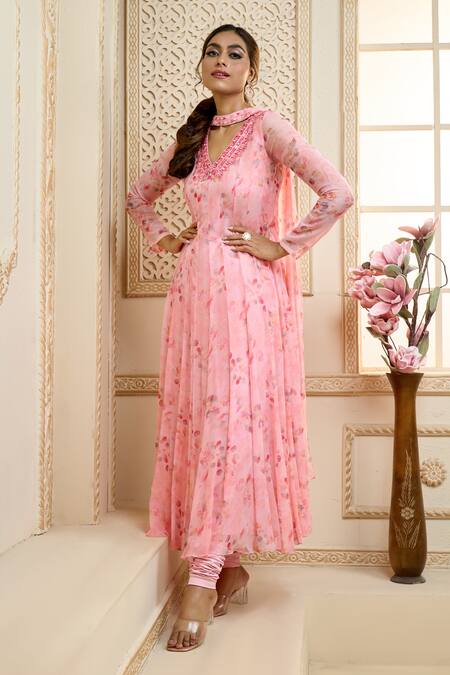 Buy_Aariyana Couture_Pink Chiffon, Satin Embroidery V-neck Rose Petal Floral Print Anarkali Set